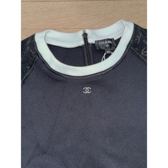 Chanel 24C Black White Crystal CC Logo Neoprene Stretch Jersey Top T Shirt 38 - Picture 13 of 16